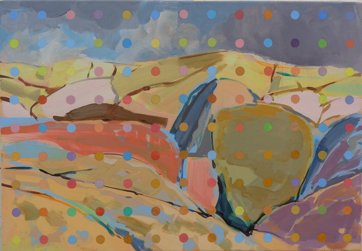 Ett konstverk av konstnären Claudia Theel med Bohus-klippor och små  prickar i olika färger